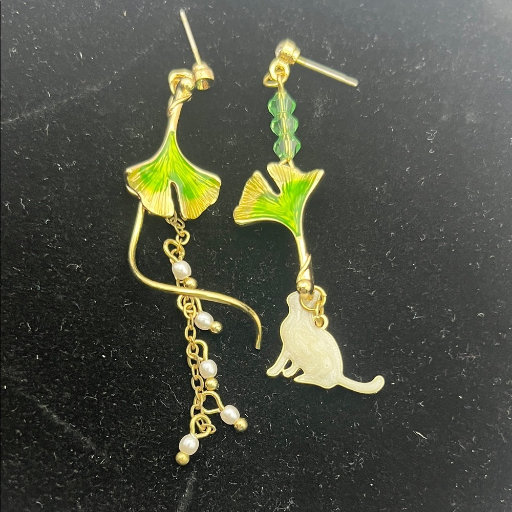 Asymmetrical Ginkgo And Kitty Handmade Ear rings